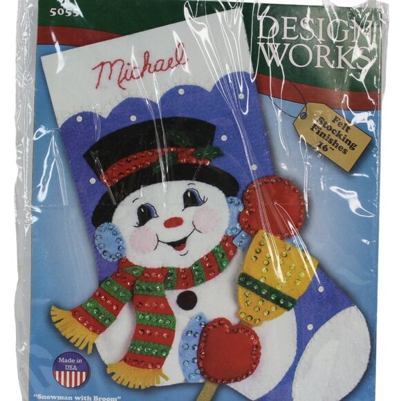 Felt Embroidery Christmas Stocking Kit 5055 Snowman with Broom Design Works 16" - Picture 2 of 6